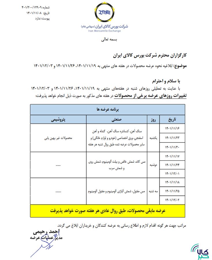 زمان‌بندی جدید عرضه‌ها در بورس کالا ابلاغ شد