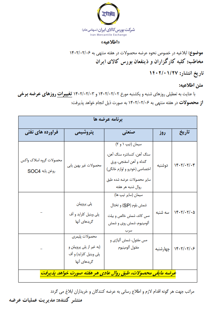 زمانبندی عرضه های بورس کالا در هفته آینده