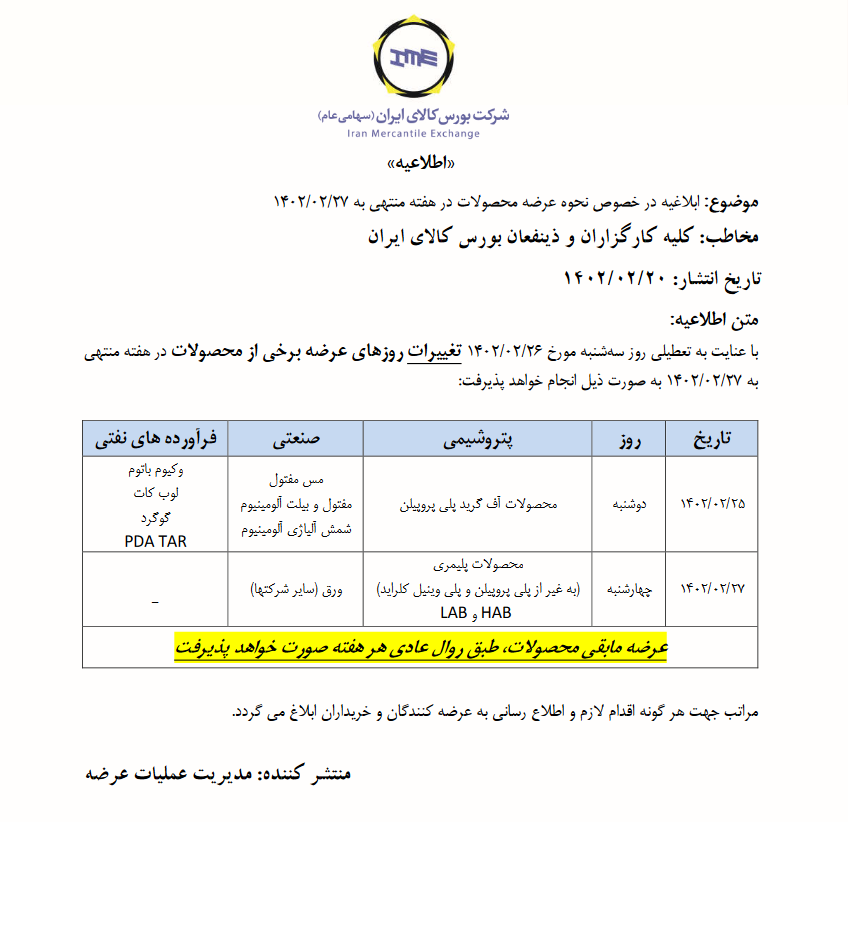 زمانبندی عرضه های بورس کالا اعلام شد