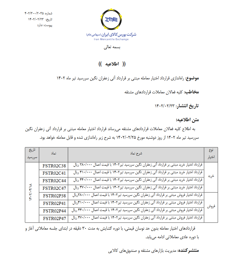 راه اندازی اختیار آتی زعفران نگین سررسید تیر ۱۴۰۲ از فردا