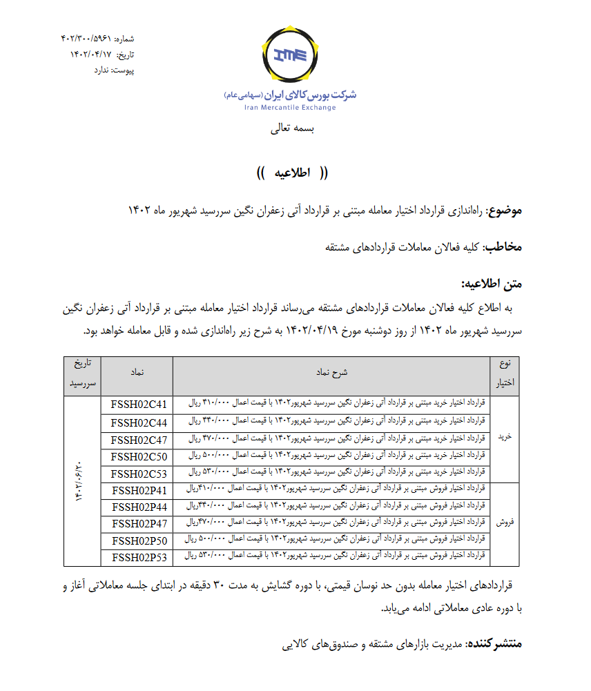 راه اندازی اختیار آتی زعفران نگین سررسید شهریور ۱۴۰۲ از فردا