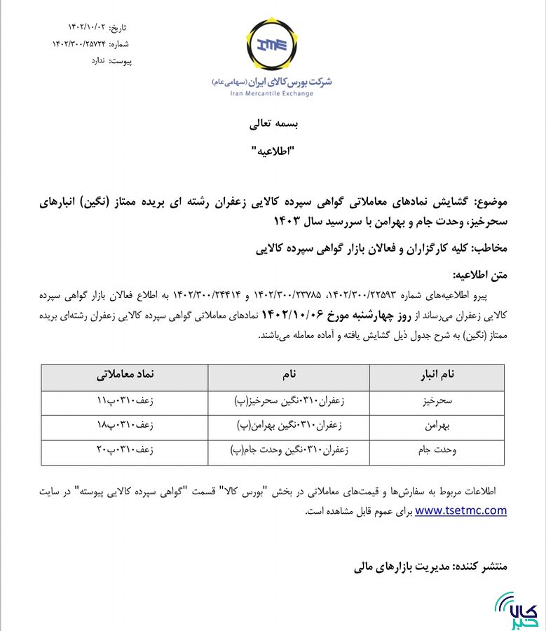 نمادهای معاملاتی سه انبار با سررسید ۱۴۰۳ گشایش مییابد