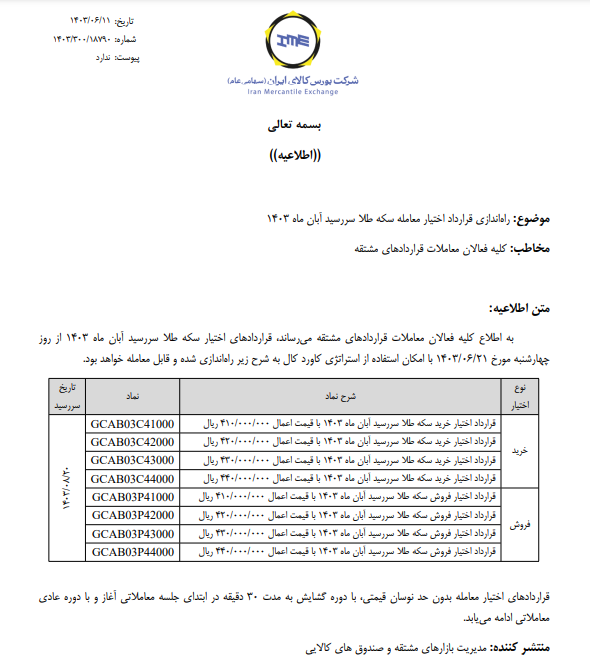 راه اندازی قرارداد اختیار معامله سکه و شمش طلا با سررسید آبان و بهمن