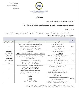 ابلاغیه در خصوص روزهای عرضه محصولات در بورس کالای ایران