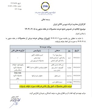 ابلاغیه بورس کالا در خصوص نحوه عرضه محصولات در هفته منتهی به ۵ شهریور ماه ۱۴۰۴