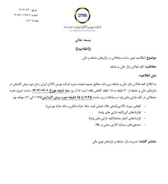 زمان دوره پیش گشایش معاملات بازارهای مشتقه و مالی، ۱۵ دقیقه کاهش یافت