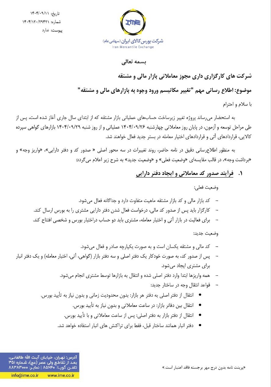 اطلاعیه مهم بورس کالا در خصوص تغییر مکانیسم ورود وجوه به بازارهای مالی و مشتقه
