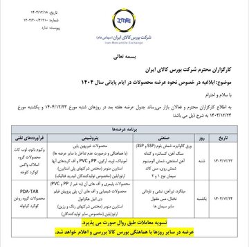 اطلاعیه بورس کالای ایران درخصوص نحوه عرضه محصولات در ایام پایانی سال ۱۴۰۴