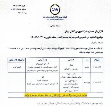 ابلاغیه بورس کالای ایران در خصوص نحوه عرضه محصولات در هفته منتهی به ۲۶ فروردین