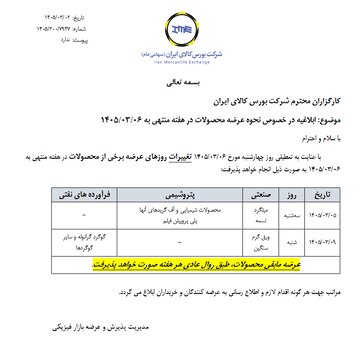 ابلاغیه بورس کالای ایران در خصوص نحوه عرضه محصولات در هفته منتهی به ۶ خرداد