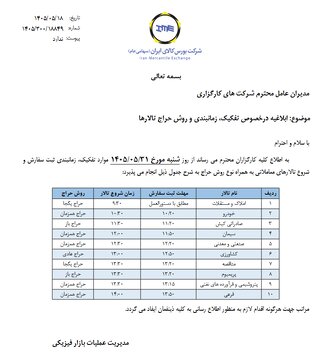 ابلاغیه بورس کالا درخصوص تفکیک، زمانبندی و روش حراج تالارها
